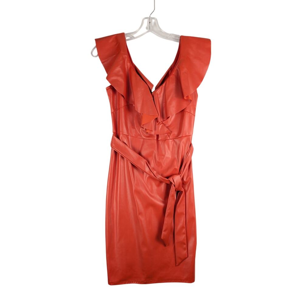 Bebe Vegan Leather Red Ruffle Belted Wrap Dress Womens Small V‎ Neck NWT